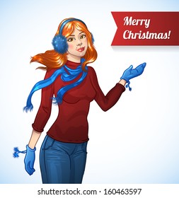Merry Christmas vector illustration of pretty young girl