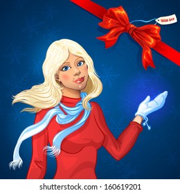 Merry Christmas vector illustration of pretty young girl with snowflakes. blonde girl standing in a red dress
