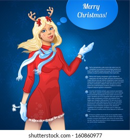 Merry Christmas vector illustration of pretty young reindeer girl with snowflakes. blonde girl standing in a red dress