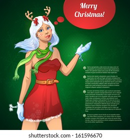 Merry Christmas vector illustration of pretty young reindeer girl with snowflakes. blonde girl standing in a red dress