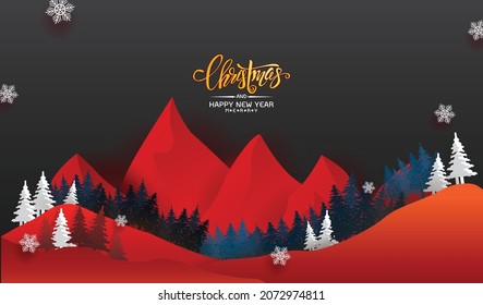 Merry Christmas Vector Illustration With Red Background Celebrate New Year mountain wallpaper with firs, coniferous forest, light garlands, falling snow, Woodland landscape for winter and new year hol
