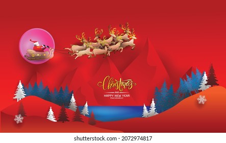 Merry Christmas Vector Illustration With Red Background Celebrate New Year mountain wallpaper with firs, coniferous forest, light garlands, falling snow, Woodland landscape for winter and new year hol