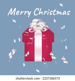 Merry Christmas Vector illustration  red gift box with  white bow and ribbon on blue isolated background
