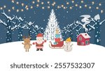 Merry christmas vector illustration.
Reindeer and Santa Claus standing in front of a Christmas tree.