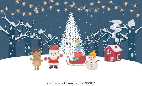 Merry christmas vector illustration.
Reindeer and Santa Claus standing in front of a Christmas tree.