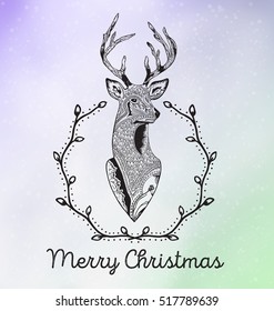 Merry Christmas vector illustration with reindeer head in frame from leaves and twigs. Gradient background. Ethnic doodle in zentangle style.