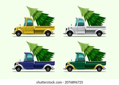 Merry Christmas Vector illustration Retro pickup truck Vintage style with christmas tree. assembled in graphic design, advertising signs, flyers, banners, website and invitation cards celebration