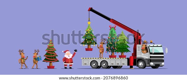Merry Christmas Vector illustration Retro\
pickup truck Vintage style with christmas tree. assembled in\
graphic design, advertising signs, flyers, banners, website and\
invitation cards\
celebration