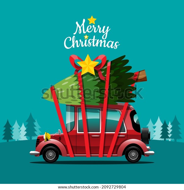 Merry Christmas Vector illustration Retro\
pickup truck Vintage style with christmas tree. assembled in\
graphic design, advertising signs, flyers, banners, website and\
invitation cards\
celebration
