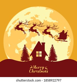 merry christmas vector illustration of Santa Claus flying over forest and lone deer in his sleight