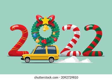 Merry Christmas Vector illustration Santa Claus and team drive SUV car with wreath. assembled in graphic design, advertising signs, flyers, banners, website and invitation card