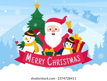 Merry Christmas Vector Illustration with Santa Claus, Bauble Ball, Gift Box, Surprise Gifts, Trees and Snow Background in Flat Cartoon Design