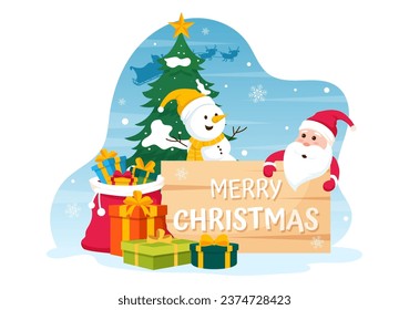 Merry Christmas Vector Illustration with Santa Claus, Bauble Ball, Gift Box, Surprise Gifts, Trees and Snow Background in Flat Cartoon Design