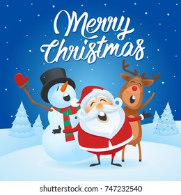 Merry Christmas Vector Illustration. Santa Claus singing with his friends, snowman and reindeer. 
