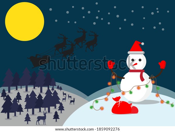 Merry christmas is a vector illustration with\
santa sitting in a car with a deer flying in the sky and a big\
moon, christmas concept.