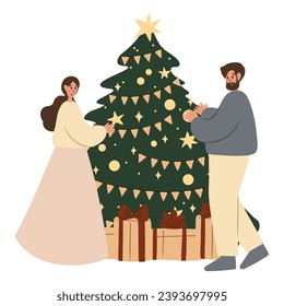Merry Christmas vector illustration with scenes of family decorating Christmas tree, character giving present, children opening gifts, festive interiors, Flat style images clipart, fireplace clip art.
