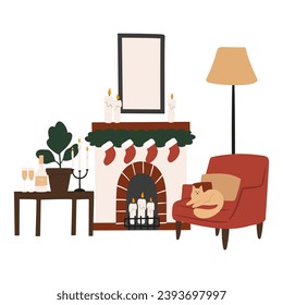 Merry Christmas vector illustration with scenes of family decorating Christmas tree, character giving present, children opening gifts, festive interiors, Flat style images clipart, fireplace clip art.