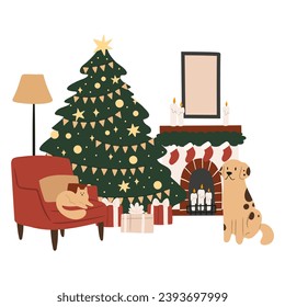 Merry Christmas vector illustration with scenes of family decorating Christmas tree, character giving present, children opening gifts, festive interiors, Flat style images clipart, fireplace clip art.