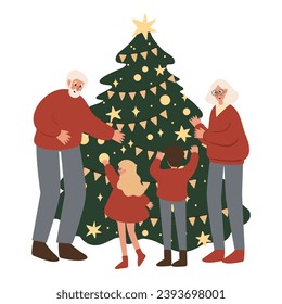 Merry Christmas vector illustration with scenes of family decorating Christmas tree, character giving present, children opening gifts, festive interiors, Flat style images clipart, fireplace clip art.