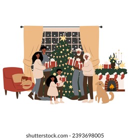 Merry Christmas vector illustration with scenes of family decorating Christmas tree, character giving present, children opening gifts, festive interiors, Flat style images clipart, fireplace clip art.