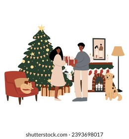 Merry Christmas vector illustration with scenes of family decorating Christmas tree, character giving present, children opening gifts, festive interiors, Flat style images clipart, fireplace clip art.