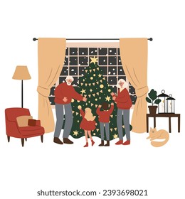 Merry Christmas vector illustration with scenes of family decorating Christmas tree, character giving present, children opening gifts, festive interiors, Flat style images clipart, fireplace clip art.