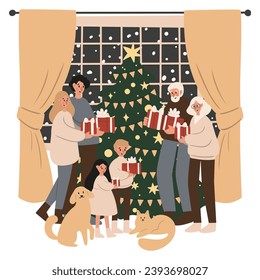 Merry Christmas vector illustration with scenes of family decorating Christmas tree, character giving present, children opening gifts, festive interiors, Flat style images clipart, fireplace clip art.