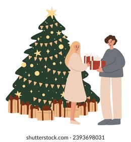 Merry Christmas vector illustration with scenes of family decorating Christmas tree, character giving present, children opening gifts, festive interiors, Flat style images clipart, fireplace clip art.