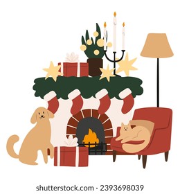 Merry Christmas vector illustration with scenes of family decorating Christmas tree, character giving present, children opening gifts, festive interiors, Flat style images clipart, fireplace clip art.