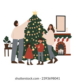 Merry Christmas vector illustration with scenes of family decorating Christmas tree, character giving present, children opening gifts, festive interiors, Flat style images clipart, fireplace clip art.