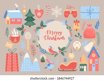 Merry Christmas vector illustration set. Cute Xmas traditional decoration collection for winter holidays celebration, cozy houses, decorative Christmas wreath and Santa Claus bag with gifts background