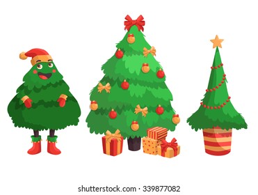 Merry Christmas vector illustration. Set of winter fir-trees, pine trees, Christmas trees isolated on white background.