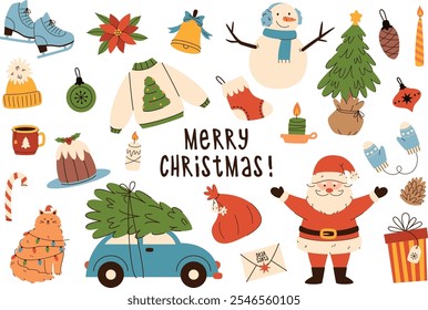 Frohe Weihnachten Vektorgrafik-Set.Elemente für Weihnachtskarten-Designs, Poster und Banner. Wintersticker.
