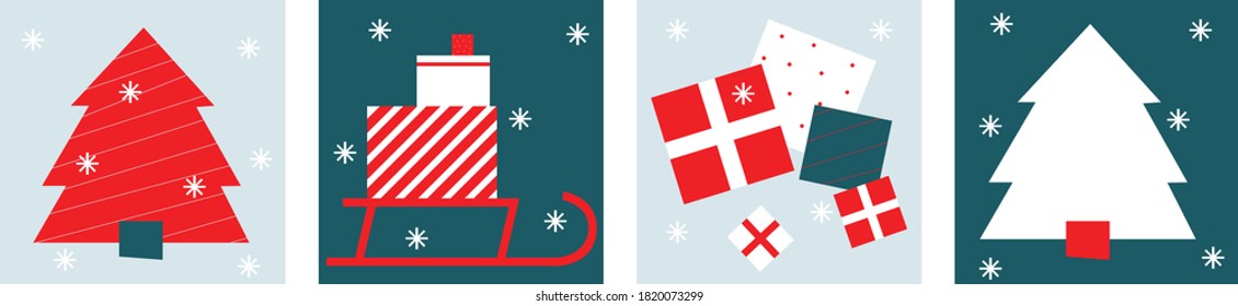Merry Christmas vector illustration. Simple icons New Year. Cartoon flat postcard. Noel