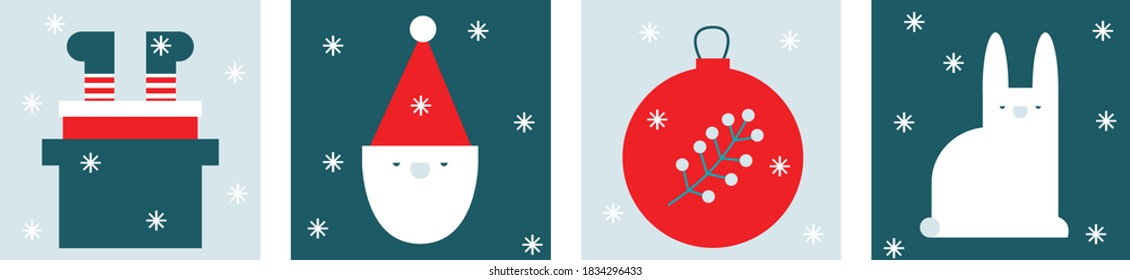 Merry Christmas vector illustration. Simple icons New Year. Cartoon flat postcard. Noel. Santa Claus and the chimney, rabbit, christmas tree decorations. 