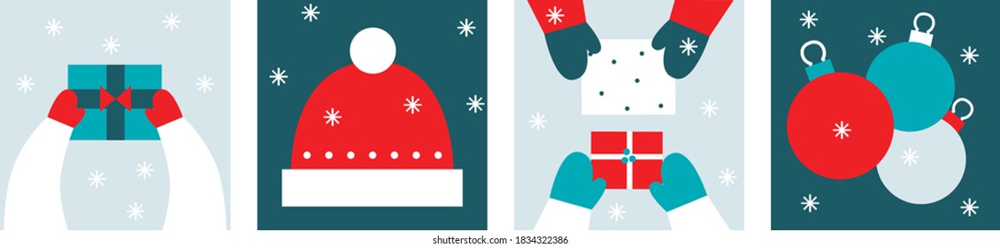 Merry Christmas vector illustration. Simple icons New Year. Cartoon flat postcard. Noel