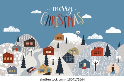 Merry Christmas vector illustration. Snow covered little town.	