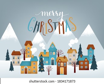 Merry Christmas vector illustration. Snow covered little town.	