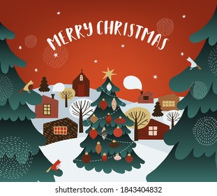 Merry Christmas vector illustration. Snow covered little town.