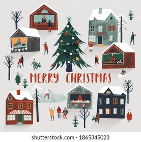 Merry Christmas vector illustration. Snow covered little town.