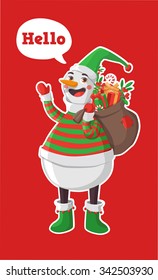 Merry Christmas vector illustration. Snowman carrying sack full of gifts.