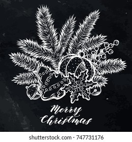 Merry Christmas. Vector illustration, spruce branches, ginger biscuits, bells,  handmade,card for you,prints on T-shirts,background chalkboard, tattoos