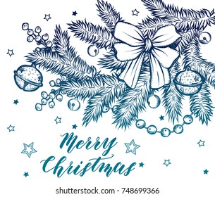 Merry Christmas. Vector illustration, spruce branches, mistletoe berries, bells, garlands, Christmas tree toys,prints on T-shirts, handmade,card for you,background white. blue colors