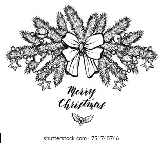 Merry Christmas. Vector illustration, spruce branches, bells, garlands,ribbon, prints on T-shirts, handmade,card for you,background white