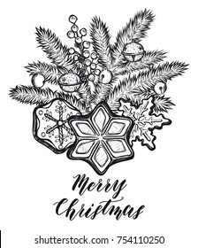 Merry Christmas. Vector illustration, spruce branches, ginger biscuits, bells,  handmade,card for you, tattoos,prints on T-shirts, background white