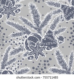 Merry Christmas. Vector illustration, spruce branches, ginger biscuits, bells,  handmade,card for you,prints on T-shirts, background white, tattoos,seamless pattern, gray colors