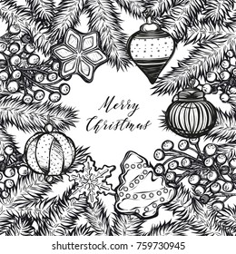 Merry Christmas. Vector illustration, spruce branches, Christmas tree toys,ginger biscuits, handmade,card for you, prints on T-shirts, background white