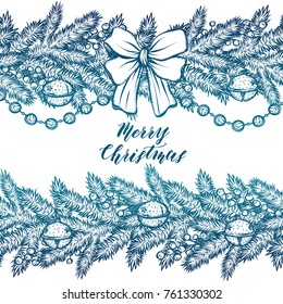 Merry Christmas. Vector illustration, spruce branches, bells, garlands, ribbon,prints on T-shirts, handmade,card for you,background white, blue colors