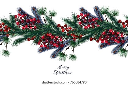 Merry Christmas. Vector illustration, spruce branches, mistletoe berries, handmade,card for you, background white, prints on T-shirts
