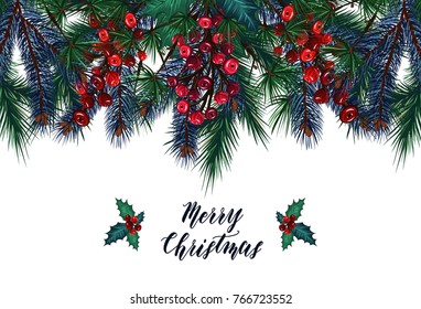 Merry Christmas. Vector illustration, spruce branches, mistletoe berries, handmade,card for you, prints on T-shirts, background white